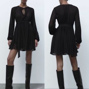 ZARA New Women Black Long Sleeve Pleated Short Round Neck Dress With Belt Size M